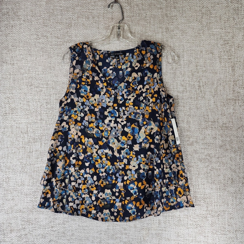 Zac & Rachel Sleeveless Blouse Womens S Navy Abstract Layered Top V Neck NWT